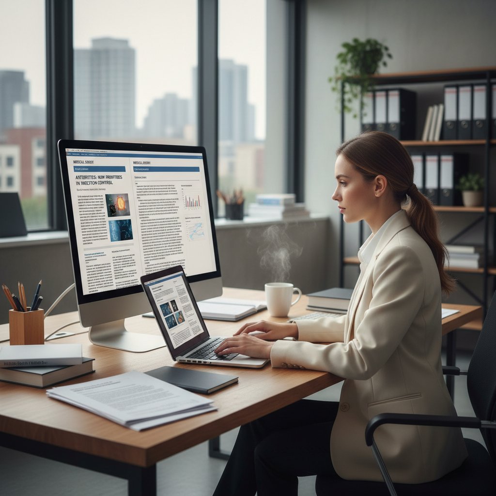 Redaktor przygotowujący reportaż medyczny w redakcji, na monitorze artykuł o antybiotykach, tło biura