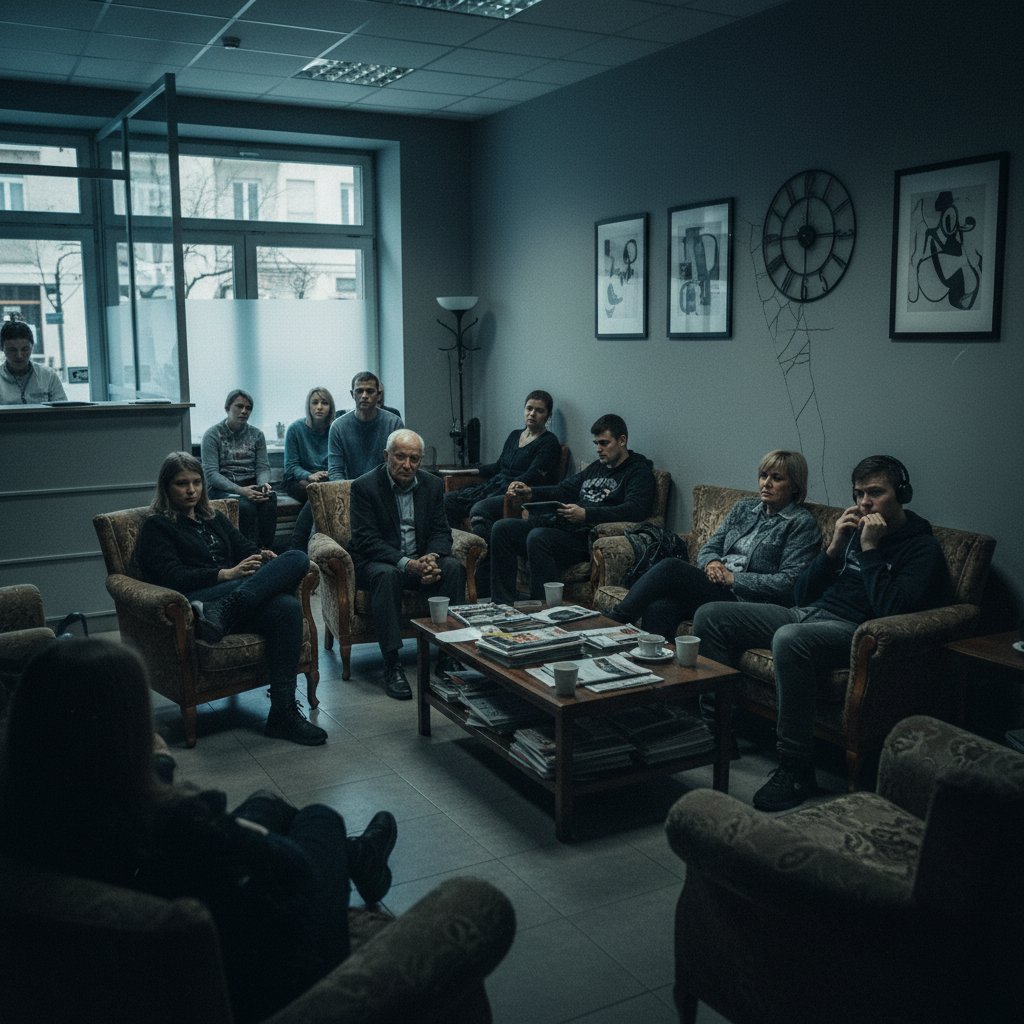 Poczekalnia w warszawskiej klinice psychoterapii pełna osób oczekujących na wizytę