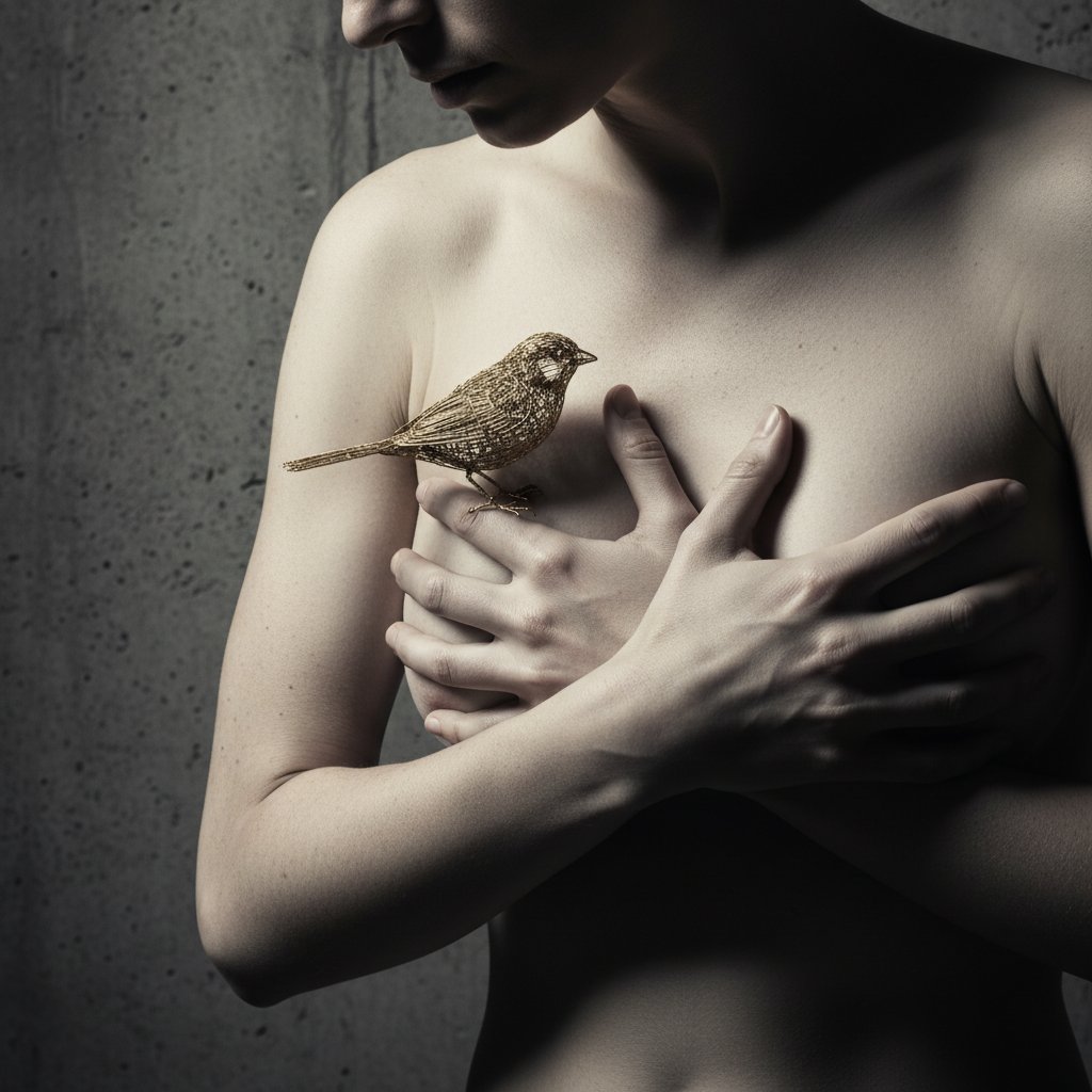 Zbliżenie dłoni na piersi, wyczuwanie guzka – emocje i niepokój