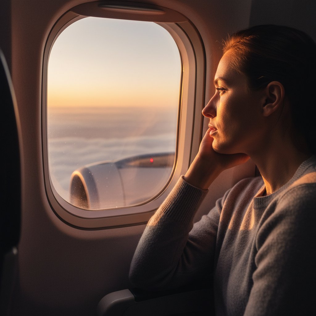 Pasażer patrzący przez okno samolotu o wschodzie słońca