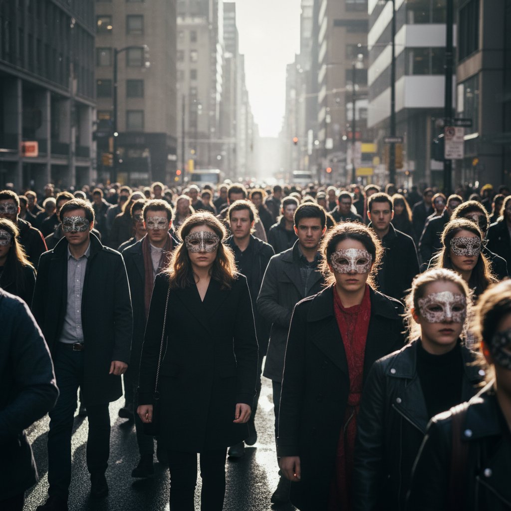 Tłum ludzi z maskami, symbolizujący uniwersalność narcyzmu