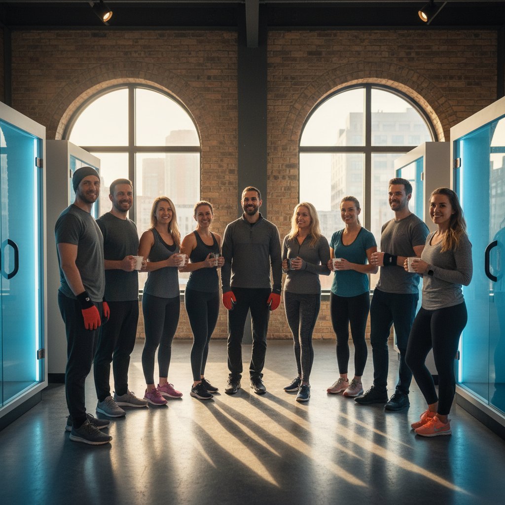 Różnorodne osoby czekające na krioterapię przed studiem w mieście