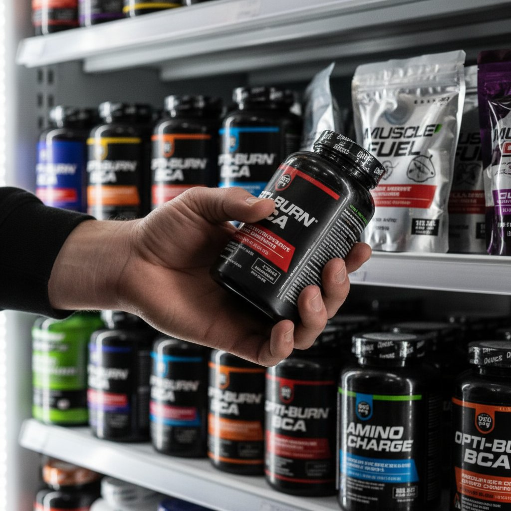 Ręka sprawdzająca etykietę suplementu BCAA pod ostrym światłem, półka pełna marek w tle