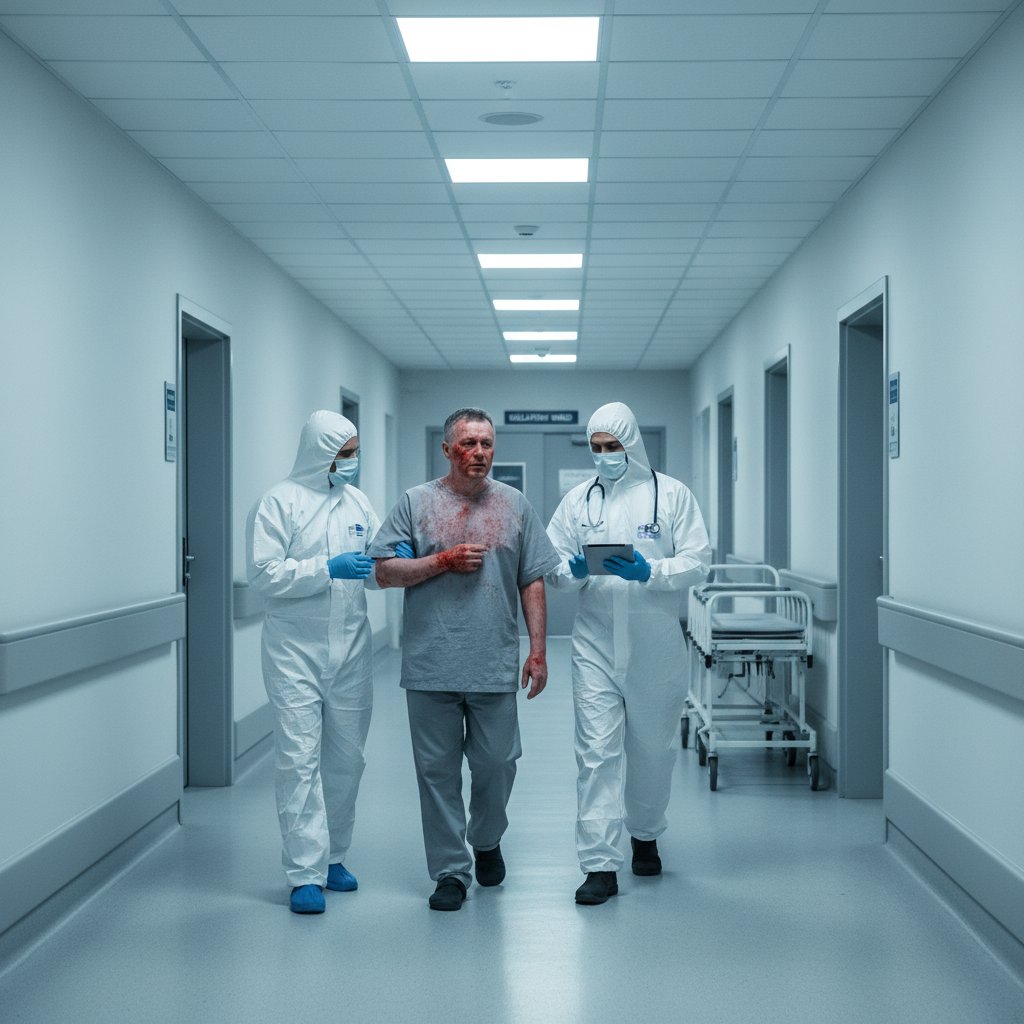Dorosły pacjent z powikłaniami rumienia zakaźnego w szpitalu, zimna sceneria, personel medyczny w tle