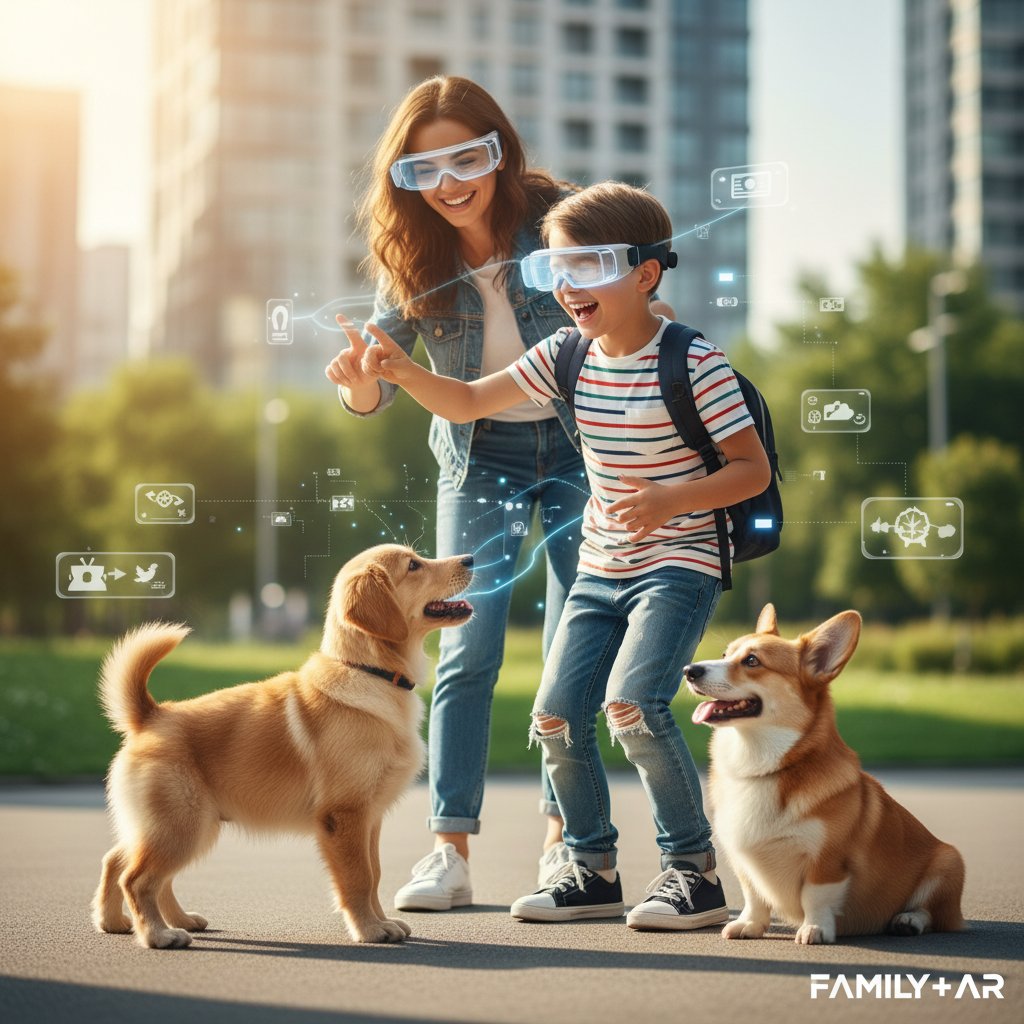 Kind und Elternteil spielen gemeinsam mit virtuellem Hund in erweiterter Realität, Freude und Bindung