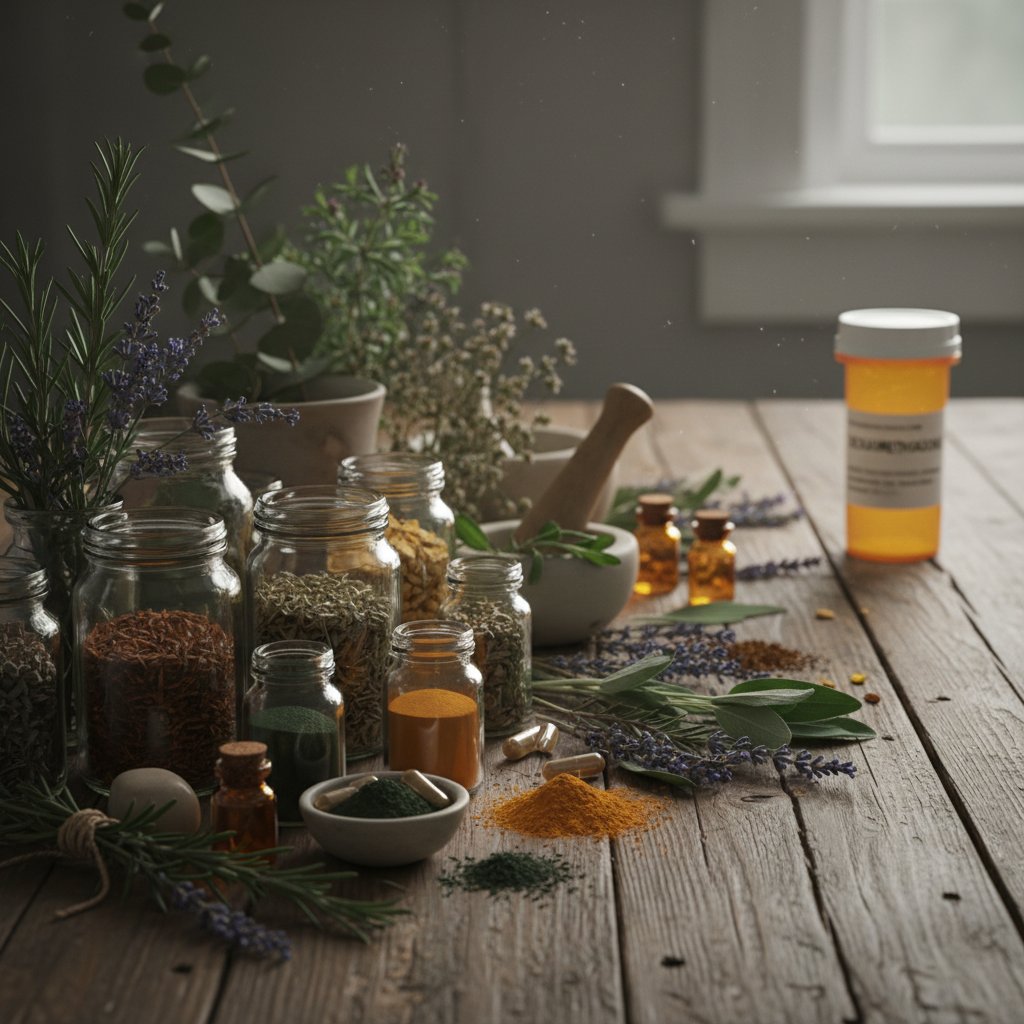 Preparaty ziołowe i fiolka deksametazonu na drewnianym stole.