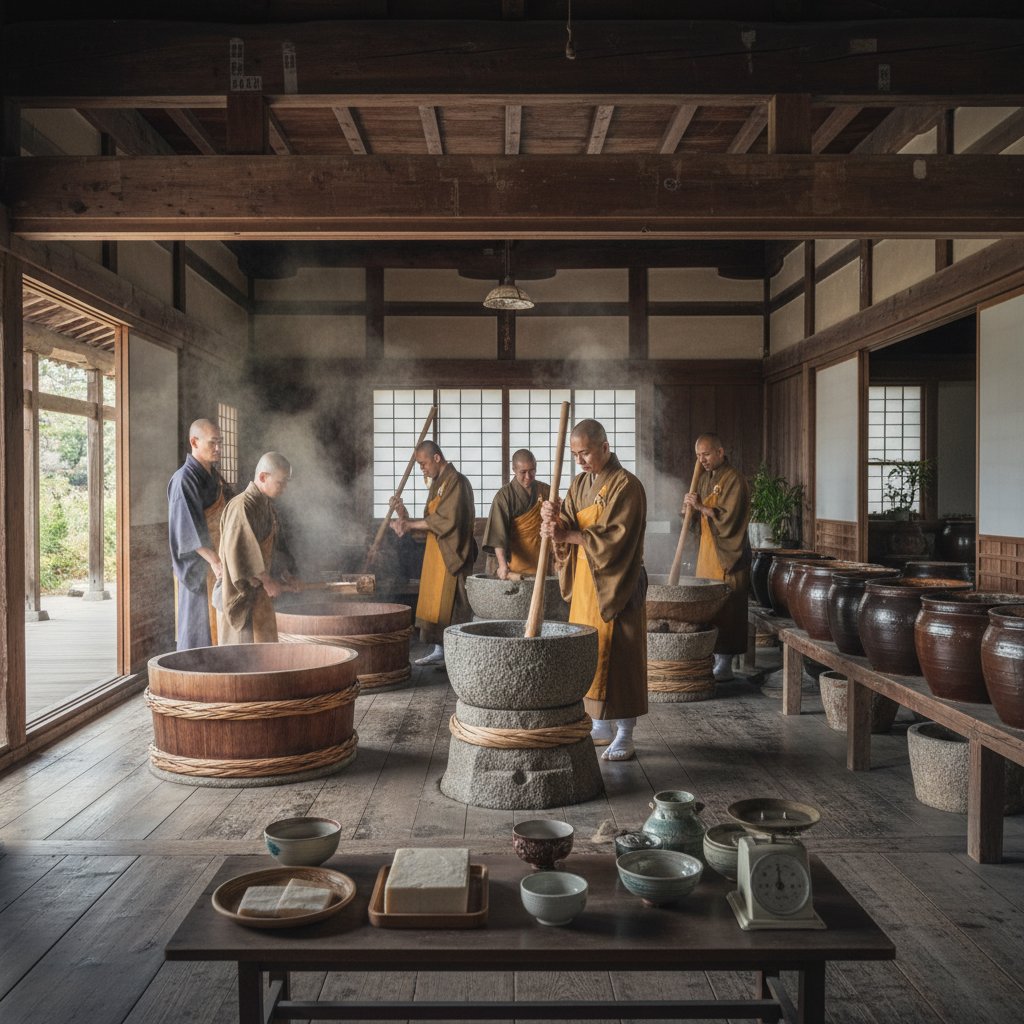 Japońscy mnisi przygotowujący miso w świątyni, tradycja fermentacji i duchowości