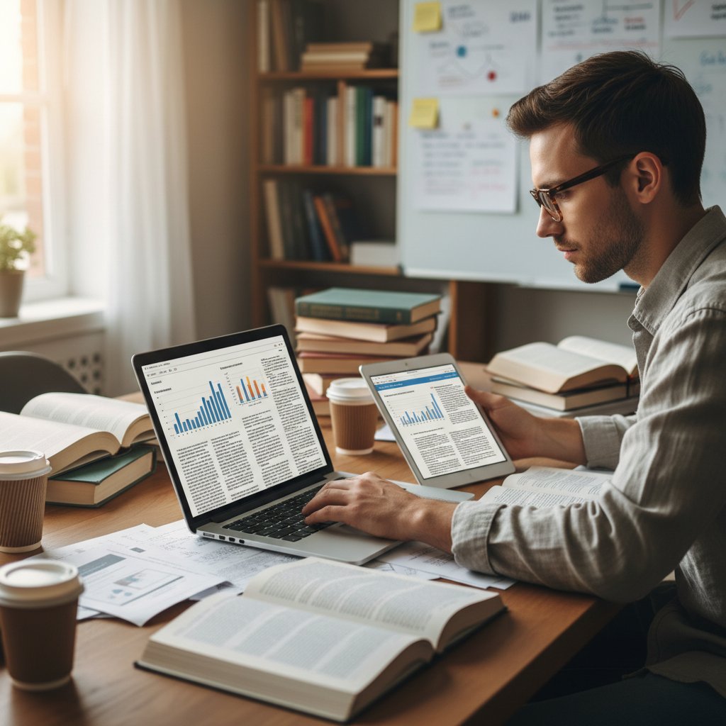 Osoba porównuje artykuły medyczne w internecie, kluczowe słowa: szybkie odpowiedzi medyczne, weryfikacja źródeł