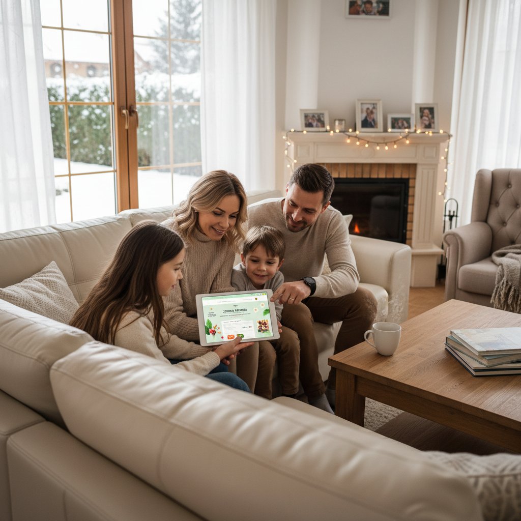 Polska rodzina korzysta z tabletu w poszukiwaniu informacji o AZS