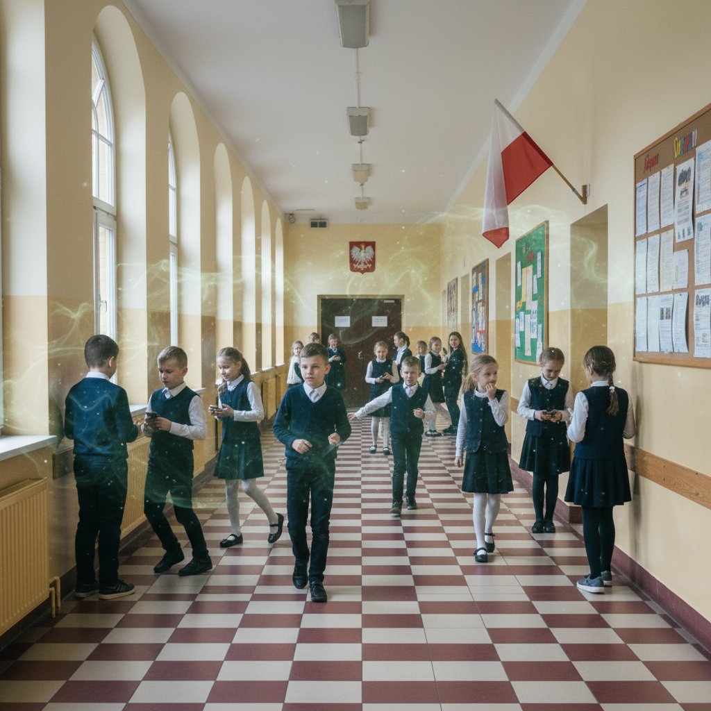 Transmisja rumienia zakaźnego w polskiej szkole, dzieci w korytarzu