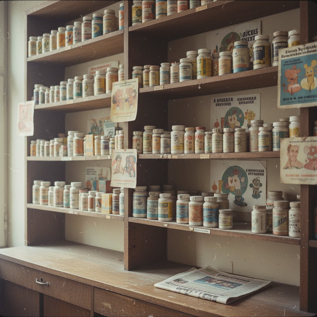 Stare półki apteczne z suplementami diety w Polsce lat 90.