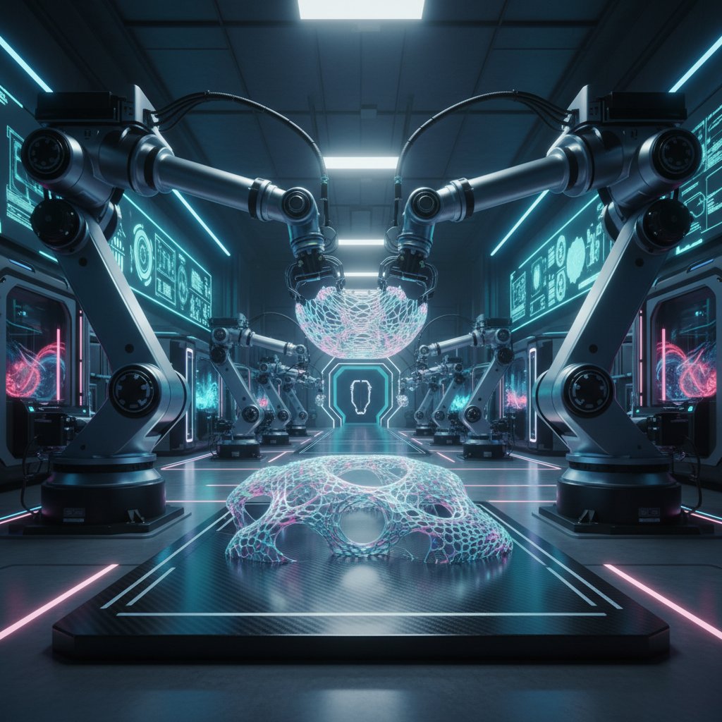 Robot montuje część wydrukowaną w technologii 4D na hali produkcyjnej