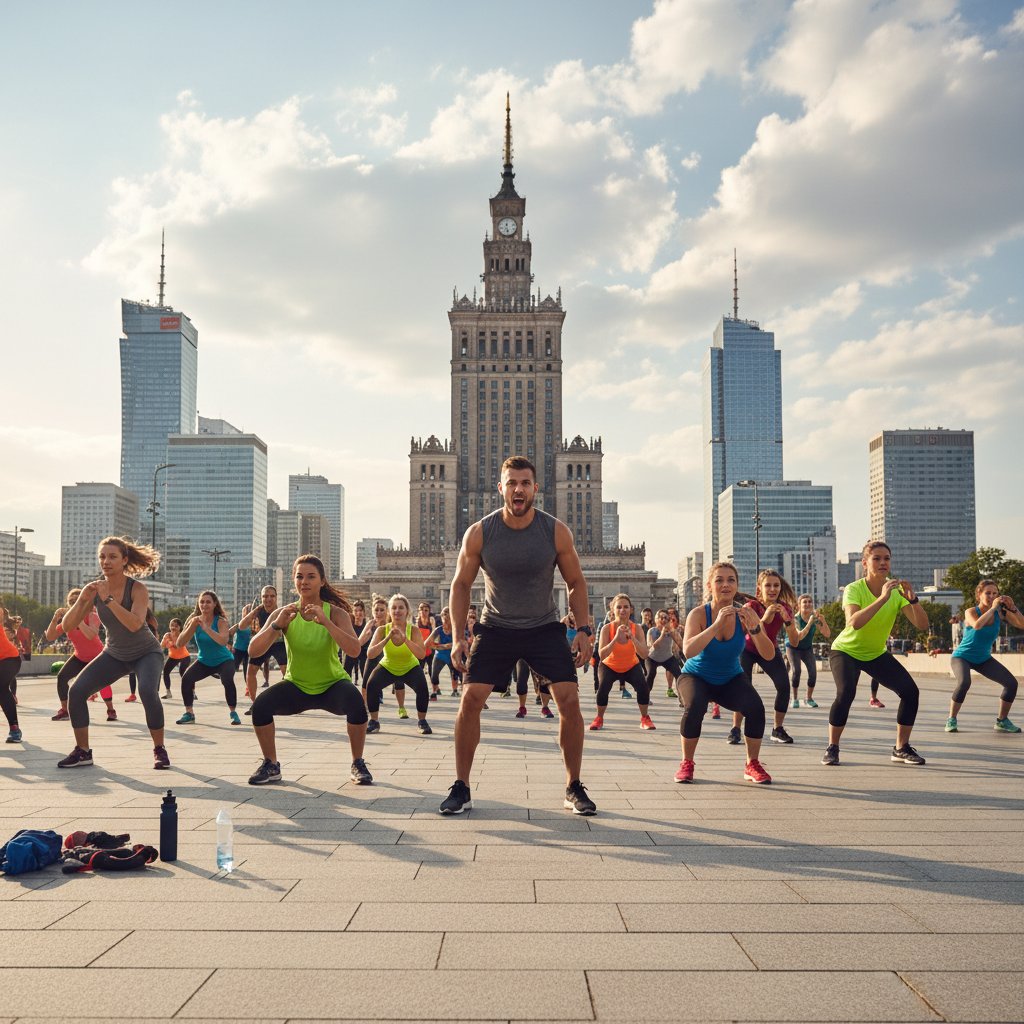 Trener personalny prowadzący trening grupowy na tle Warszawy