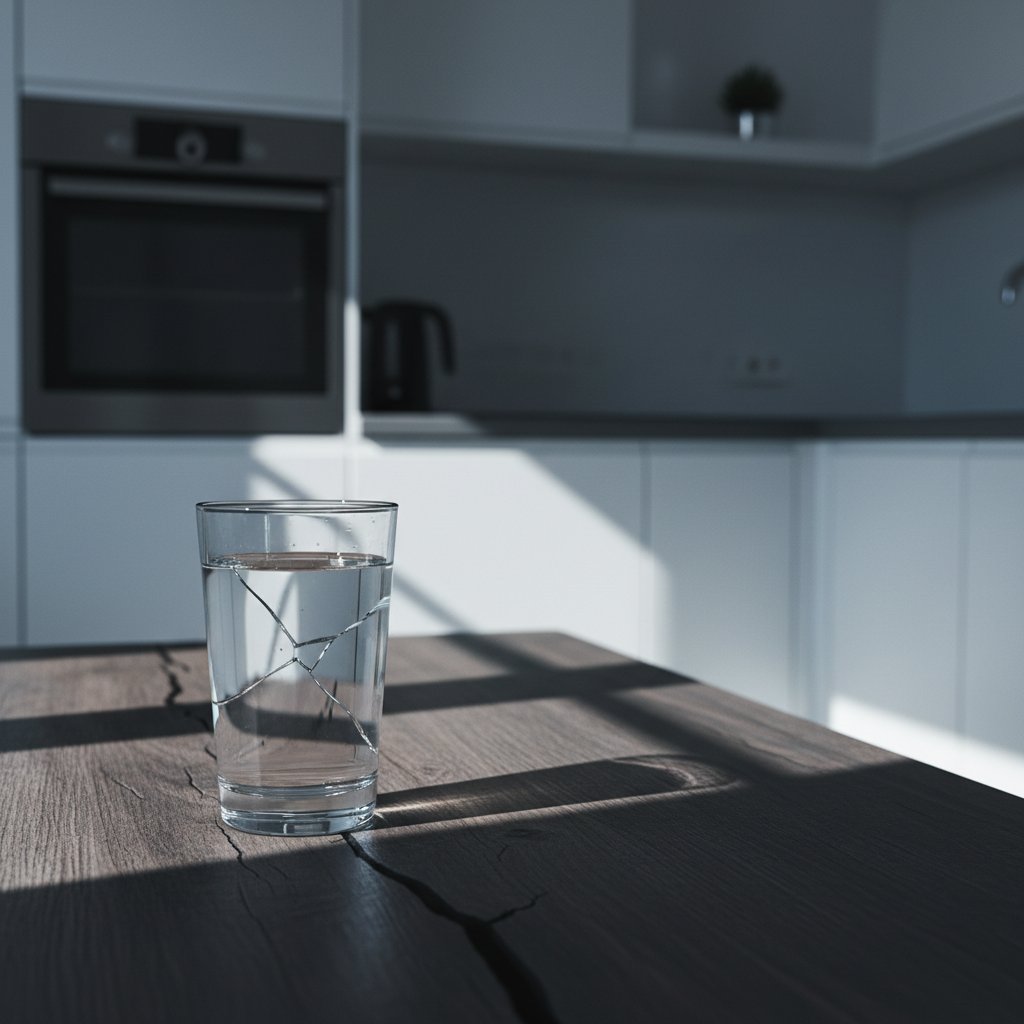 Szklanka wody na popękanym stole – symbol głodówki wodnej w nowoczesnym otoczeniu.