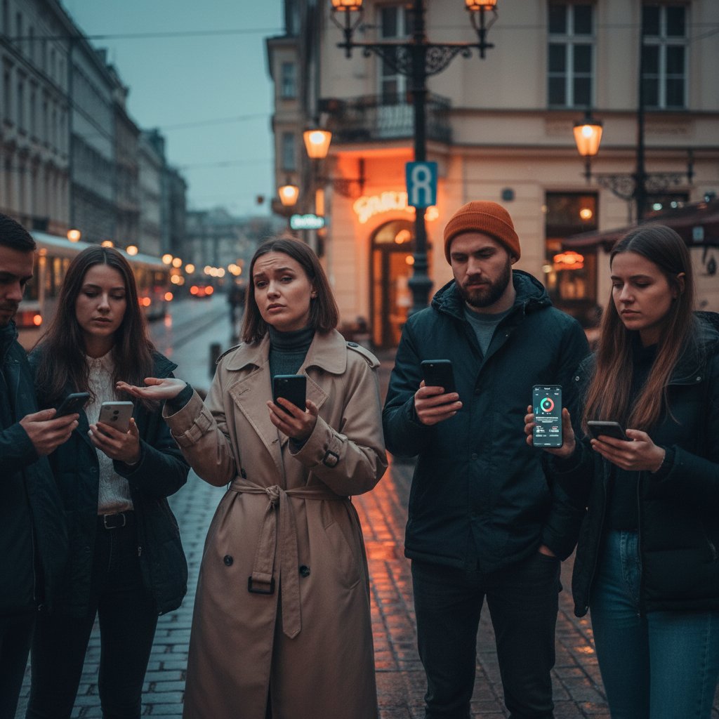 Polska młodzież analizująca wykresy postępów na smartfonie