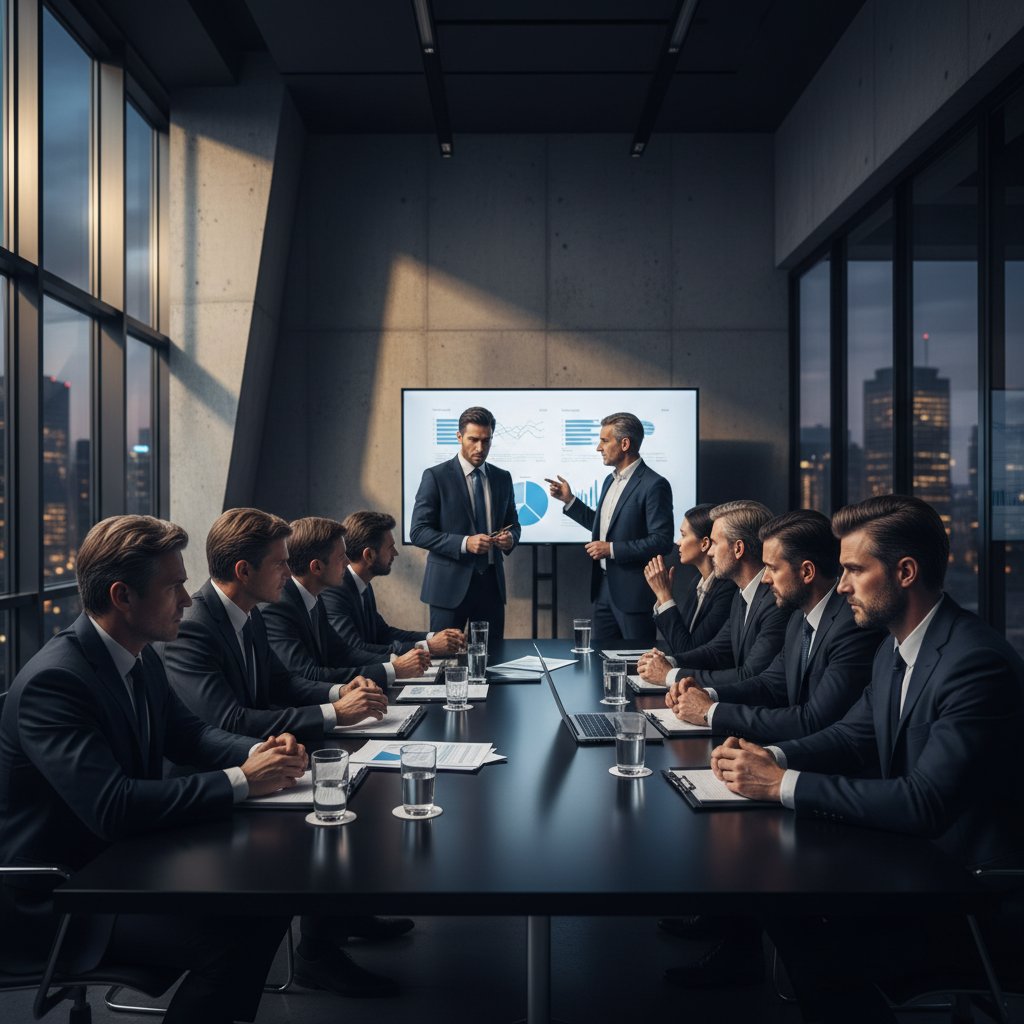 Rozmowy negocjacyjne przy stole, napięta atmosfera