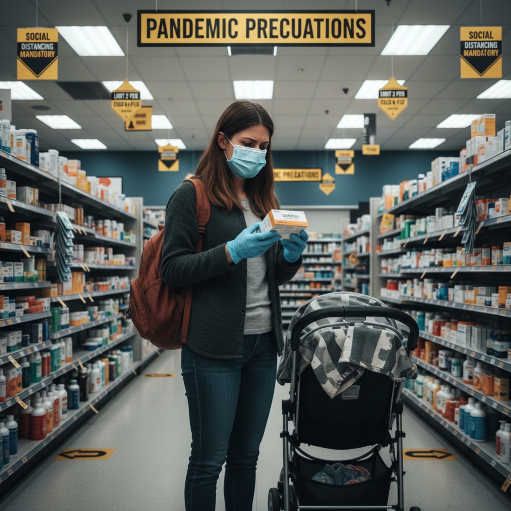 Młoda matka z maseczką trzymająca cetyryzynę w aptece