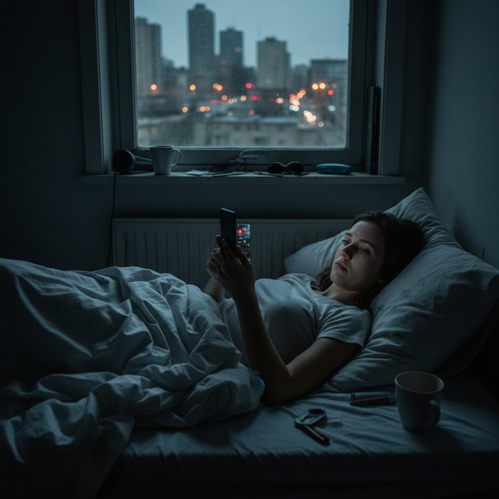 Młoda kobieta nie może zasnąć, światło telefonu i miasto za oknem, bezsenność a poziom energii