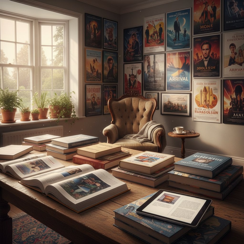 Editorial image of books and a tablet with movie posters, inviting and intellectual