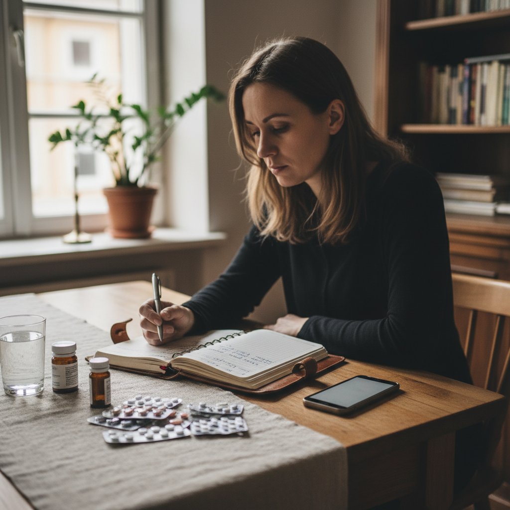 Polska kobieta przy stole z lekami i terminarzem, codzienne życie z niedoczynnością przysadki
