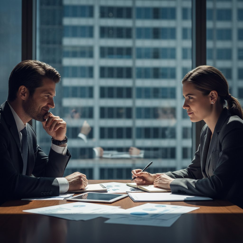 Dwie osoby w stresującej rozmowie biznesowej, ukryty uśmiech