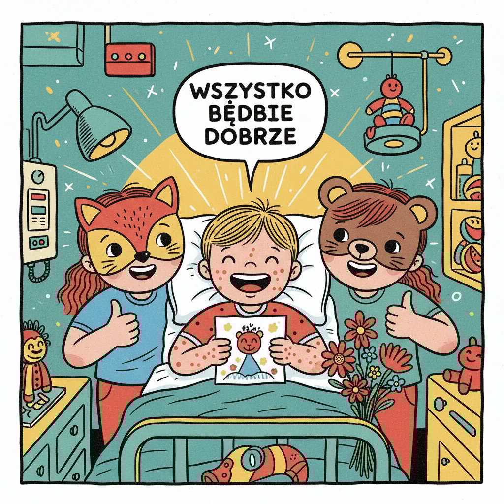 Ospa wietrzna w polskiej popkulturze – komiks, dziecko z wysypką, maski na twarzach, nadzieja