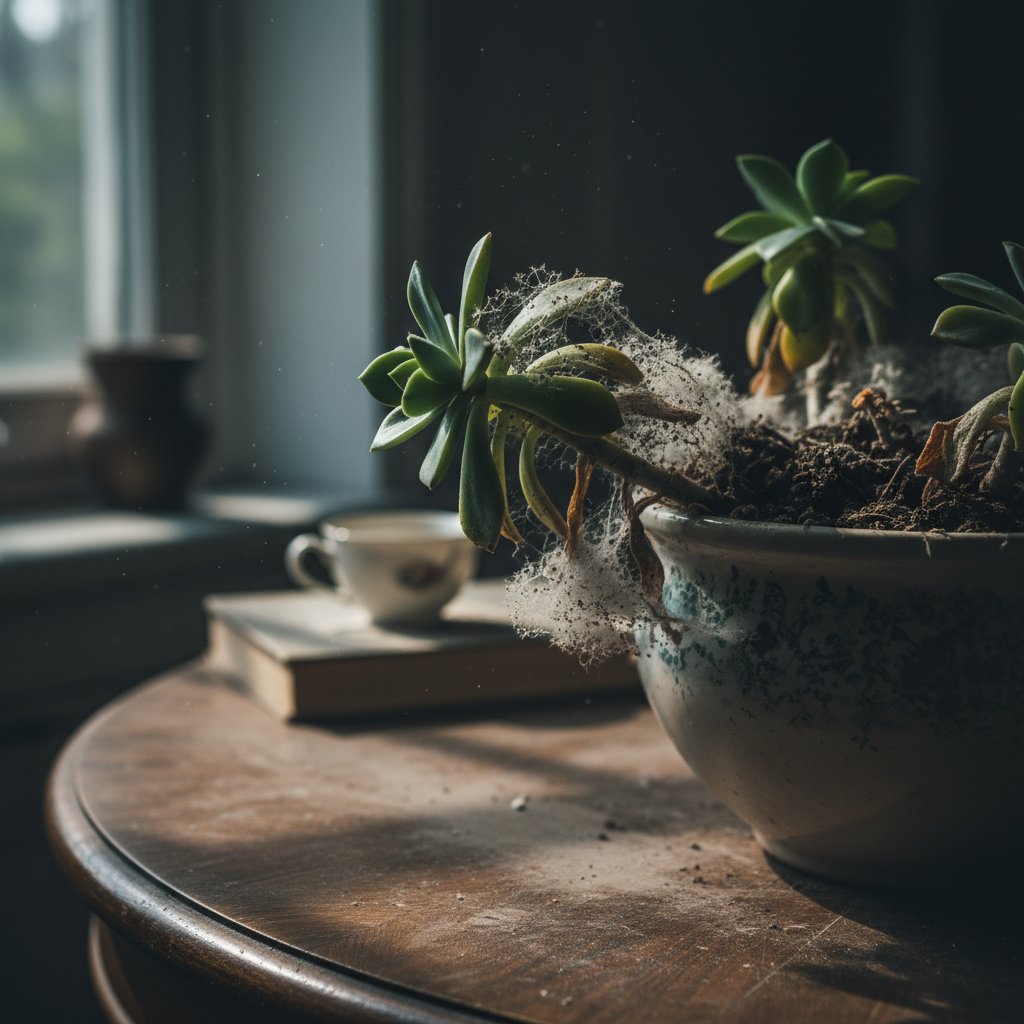 Pleśń na roślinie doniczkowej w słabym oświetleniu