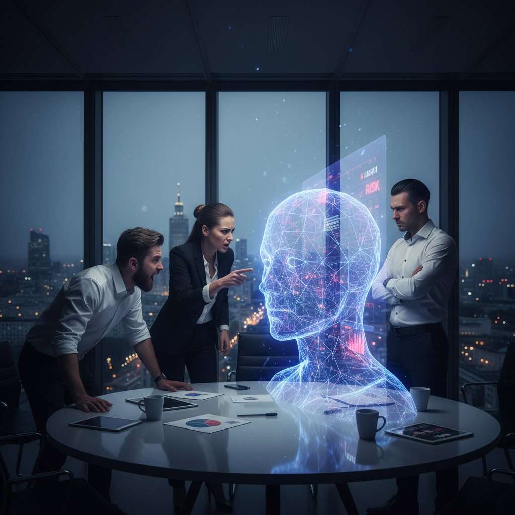 Zespół marketingowy dyskutuje z wizualizacją AI w polskim biurze