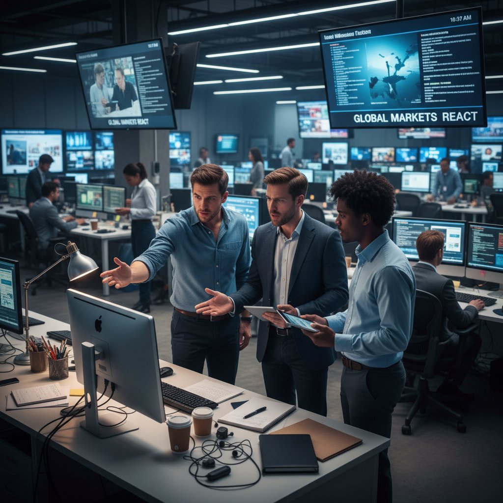 Redaktorzy planujący i omawiający workflow redakcyjny na cyfrowych ekranach, atmosfera współpracy i presji czasu