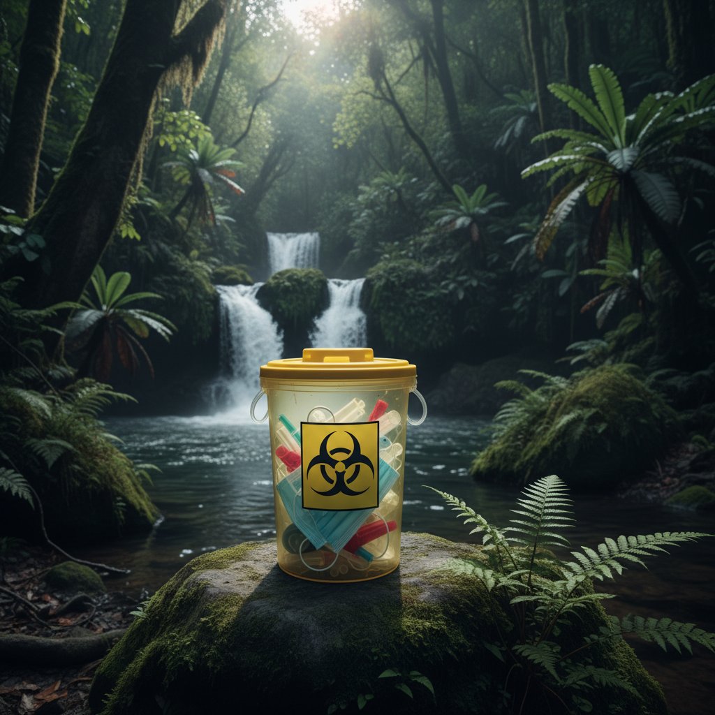 Odpady medyczne po produkcji immunoglobulin na tle zieleni, symbolizujące wyzwania ekologiczne w nowoczesnej medycynie