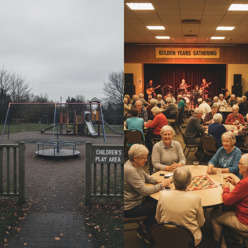 Pusty plac zabaw kontra zatłoczone centrum seniora, kontrast młodych i starszych w kontekście samotności