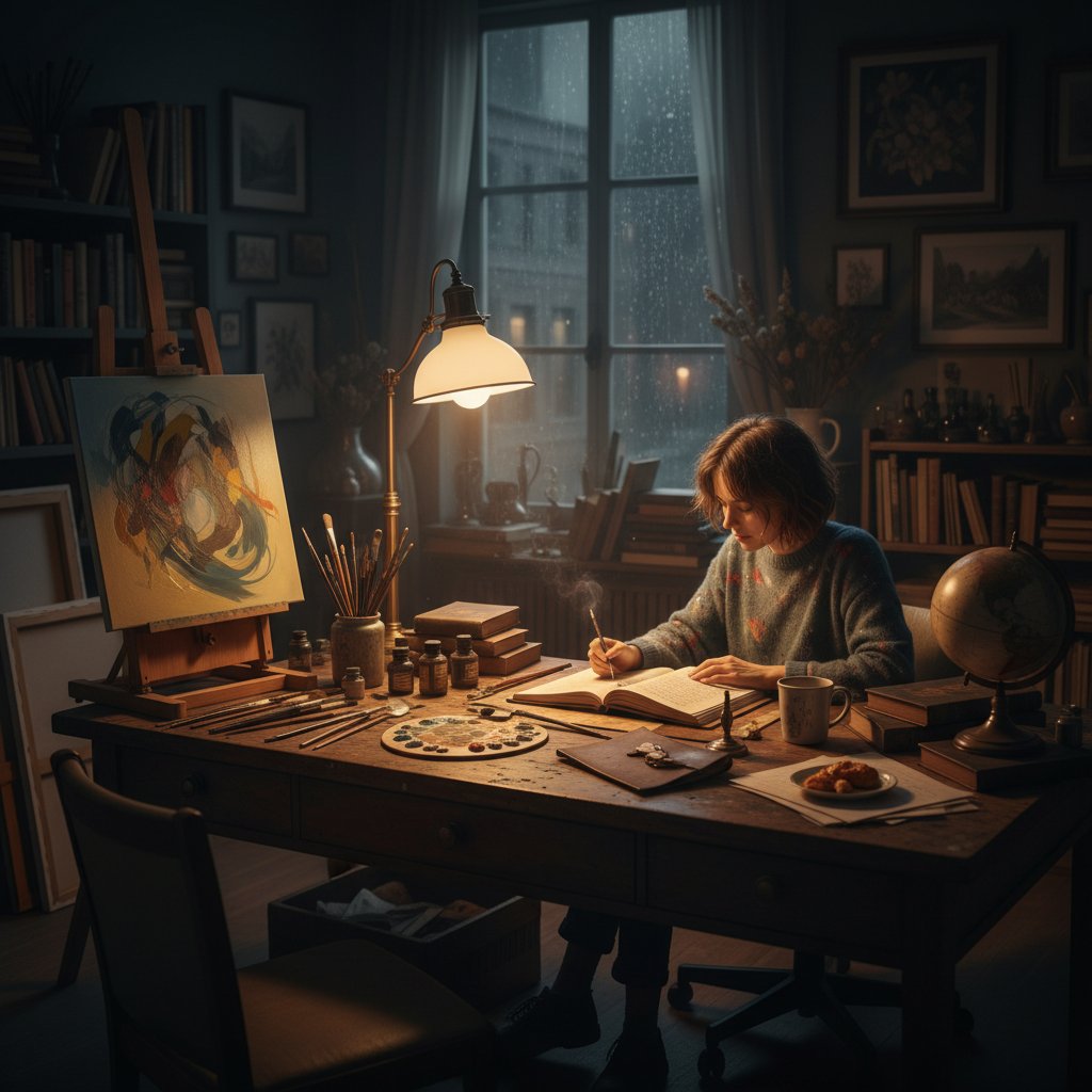 Osoba pracująca samotnie w nocy przy ciepłej lampce – kreatywność i samotność