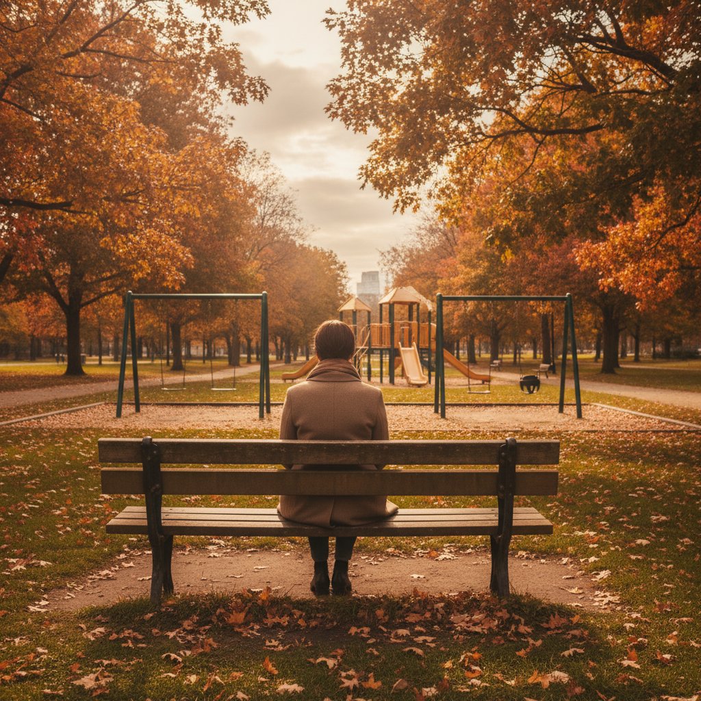Samotna osoba na ławce w jesiennym parku, polski kontekst kulturowy, samotność jako temat społeczny