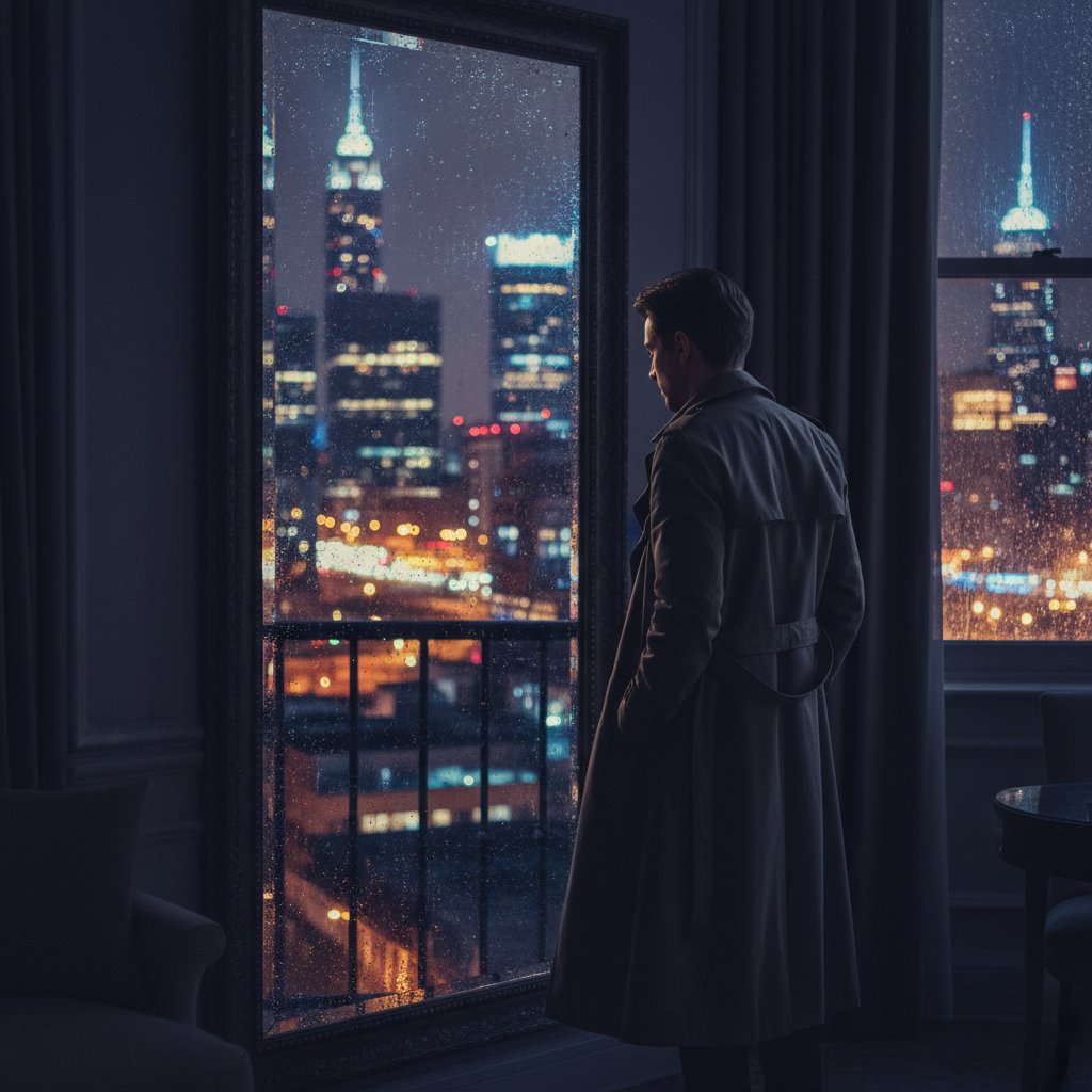 Osoba patrząca w lustro nocą, światła miasta w tle – samotność jako moment refleksji
