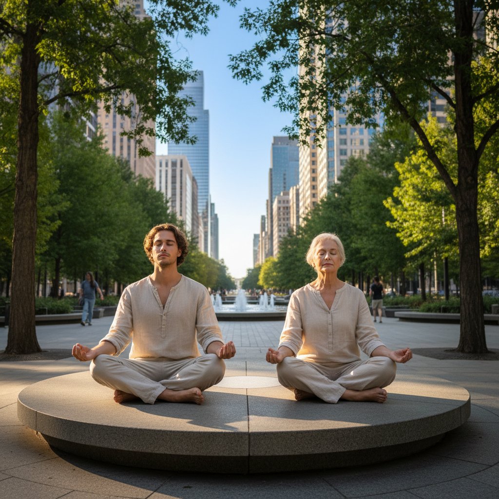 Międzypokoleniowe ćwiczenia koregulacyjne w parku – młody dorosły i senior w medytacji, spokój i harmonia