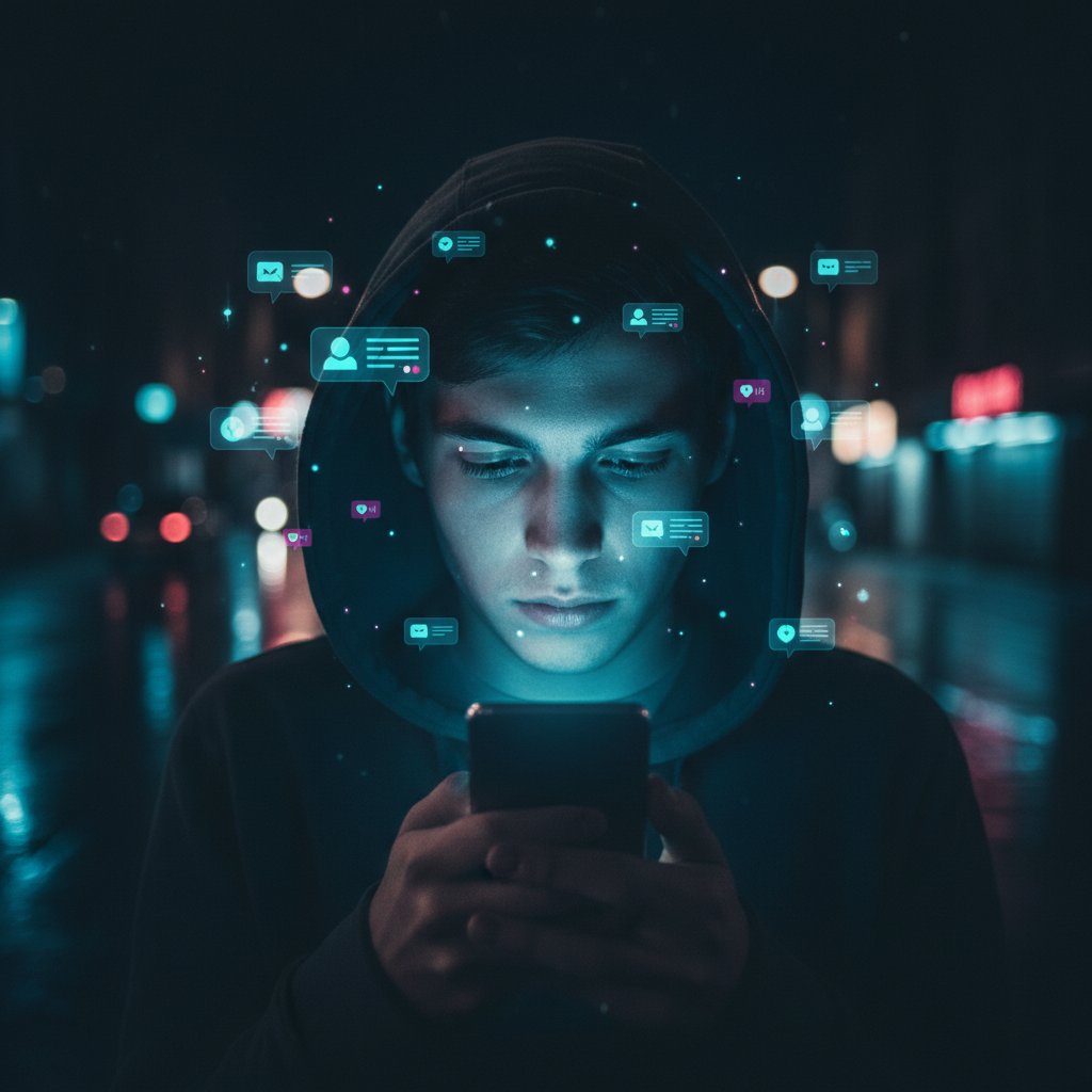 Młody człowiek samotny z telefonem, otoczony powiadomieniami cyfrowymi – symbol samotności cyfrowej