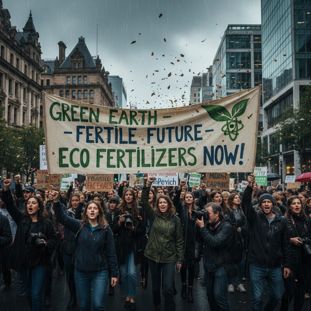 Transparent z hasłem dotyczącym nawozów ekologicznych na demonstracji miejskiej.
