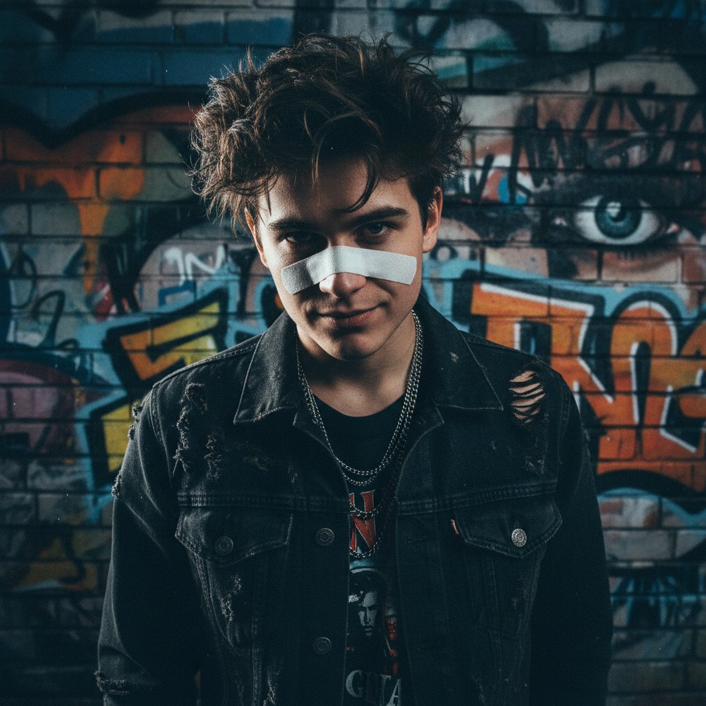 Osoba z plastrem na twarzy na tle graffiti.