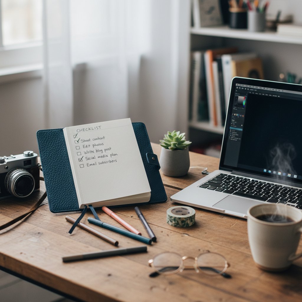 Checklist do wyboru kursu fotografii online, keywords: editorial-style--bullet-journal--checklist-page--camera--laptop--creative-table-setup