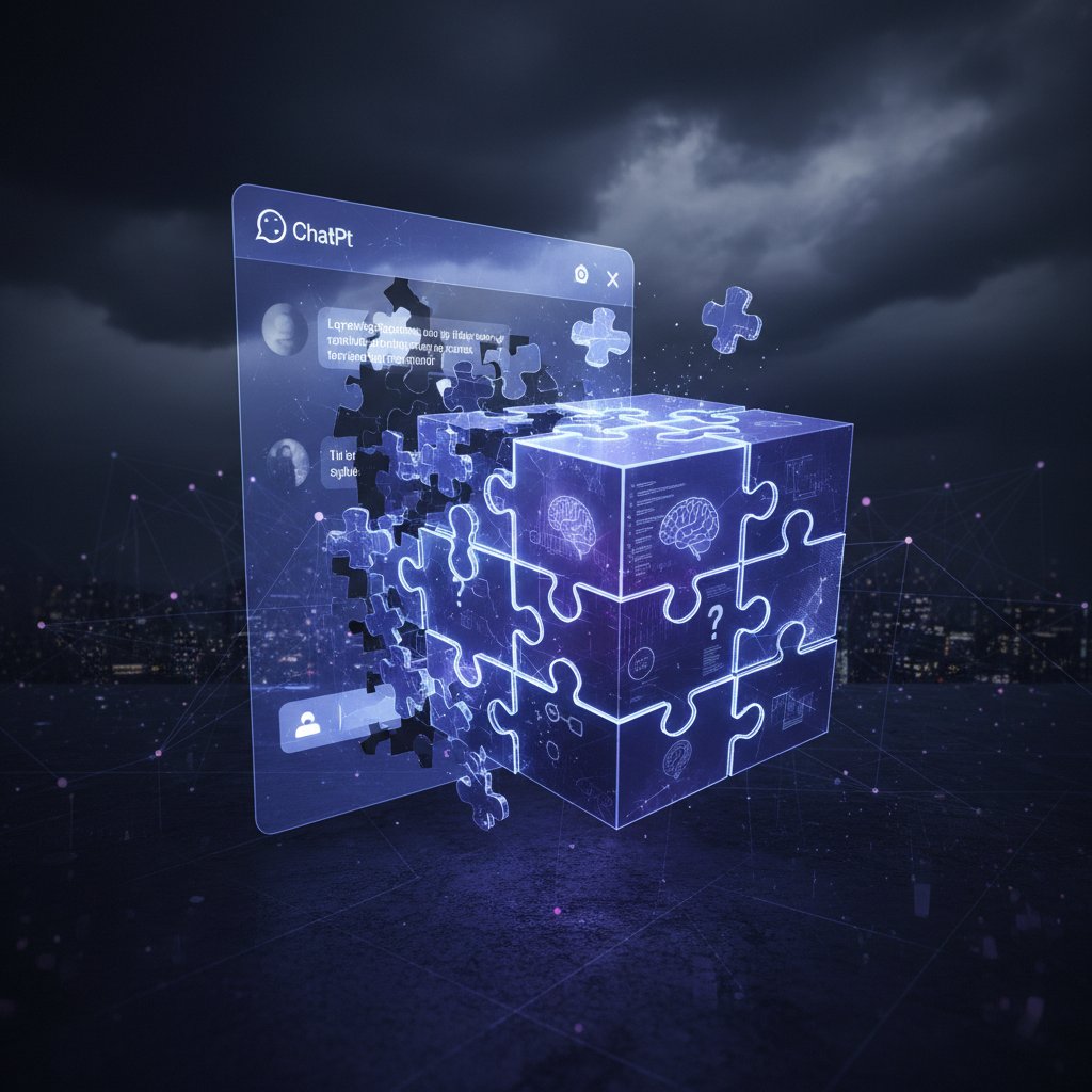 Symboliczne przedstawienie zero-shot na interfejsie ChatGPT: interfejs morphing into a puzzle, symbolic, high-contrast