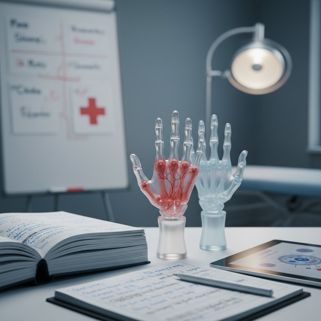 Stół lekarski z notatkami i modelem dłoni dotkniętej RZS, narzędzia diagnostyczne, podświetlenie kliniczne