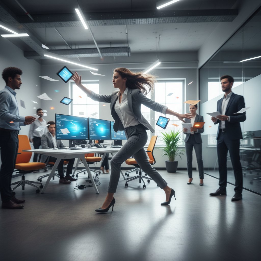 Dynamic image of a professional breaking away from a group, symbolizing self starter attitude