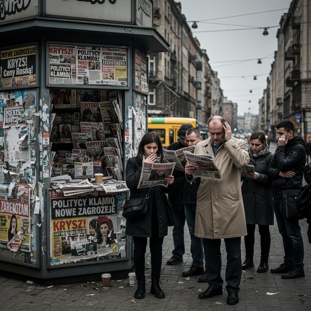 Media i panika w kontekście efektu nocebo w Polsce – grupa zaniepokojonych osób czytających sensacyjne nagłówki na kiosku