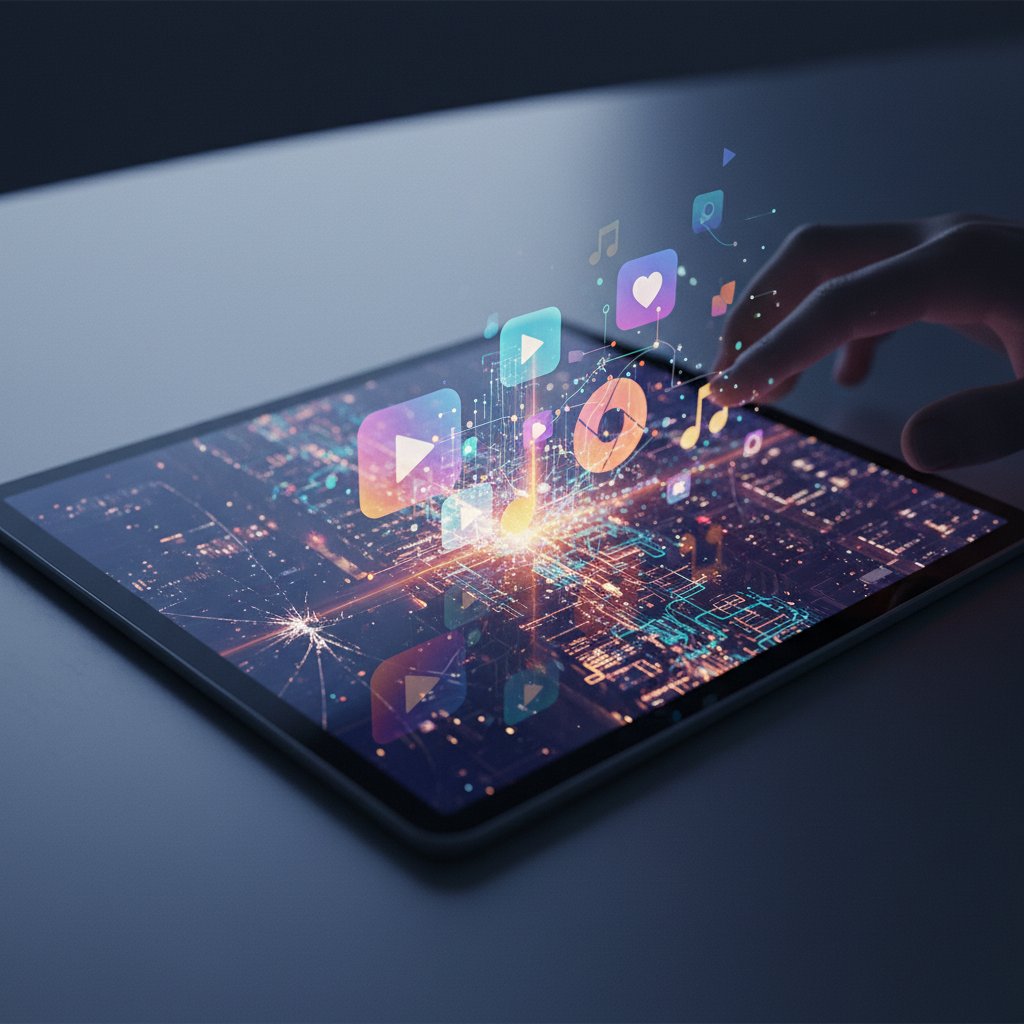 Zbliżenie na cyfrowe multimedia generowane przez AI w dynamicznym ruchu, różne formaty na ekranie