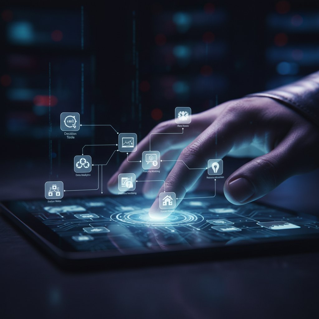 Ręka nad ekranem z narzędziami do podejmowania decyzji zakupowych