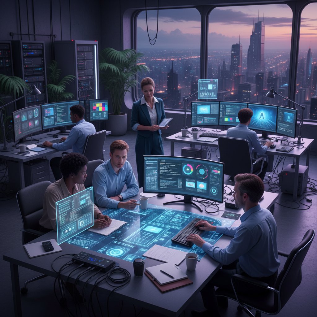 Redakcja pracująca z AI, komputer, ekrany, narzędzia redakcyjne, atmosfera współpracy