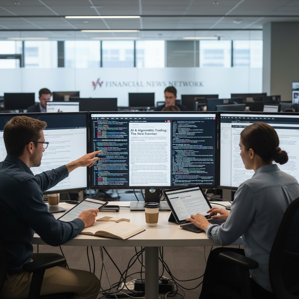 Editorial team and AI system co-authoring a financial news article, screens displaying both code and narrative draft