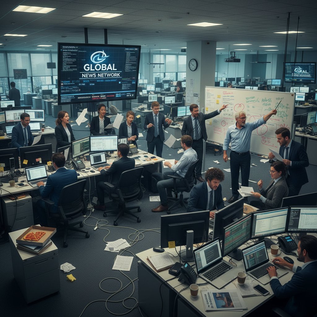 Zespół redakcyjny podczas burzliwej dyskusji nad treściami, chaos w newsroomie