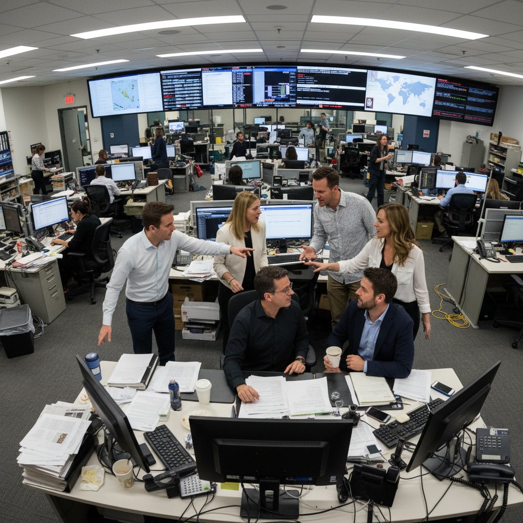 Zespół redakcyjny podczas burzliwej narady, napięcie i skupienie