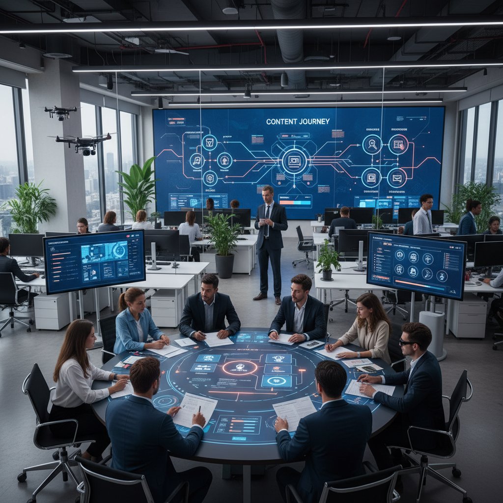 Redaktor w nowoczesnym biurze analizujący ścieżkę procesu publikacji na ekranie komputera